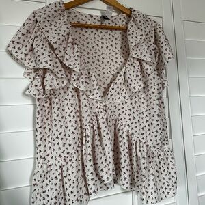 Divided Flower Print Ruffle Blouse - Cream Brown